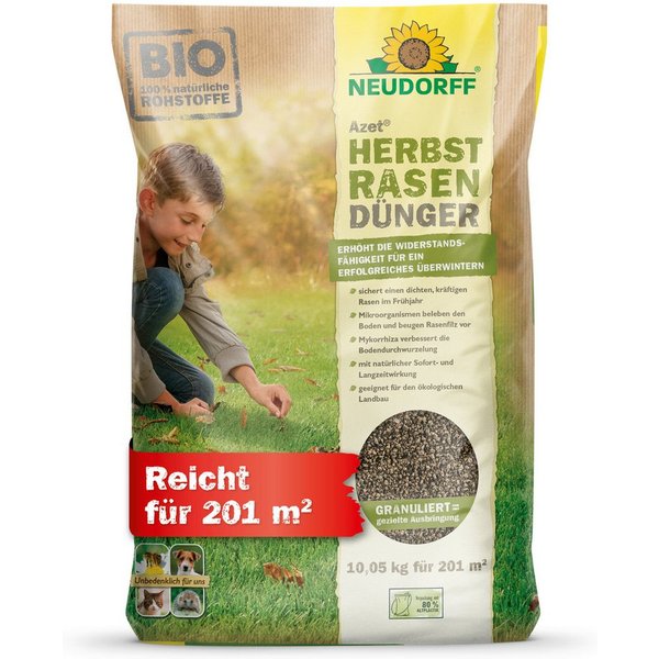 Neudorff Rasendünger Azet HerbstRasenDünger, Mit Eisen zur Herbstpflege und Vorbereitung auf die kalte Jahreszeit, 10,05 kg NPK 7-3-10 für bis zu 200 m², Mit Ei