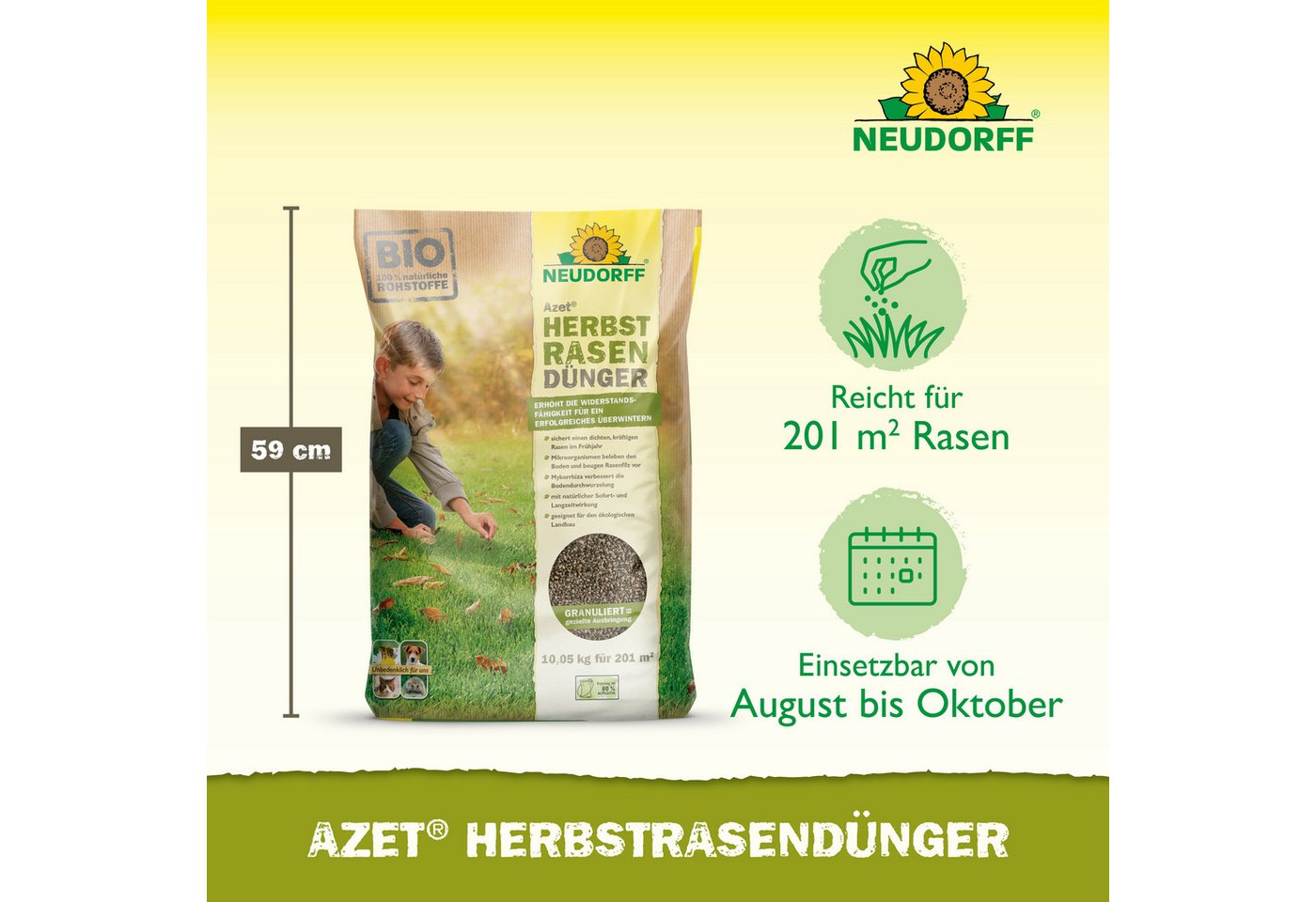 Neudorff Rasendünger Azet HerbstRasenDünger, Mit Eisen zur Herbstpflege und Vorbereitung auf die kalte Jahreszeit, 10,05 kg NPK 7-3-10 für bis zu 200 m², Mit Ei – Bild 3 von 5
