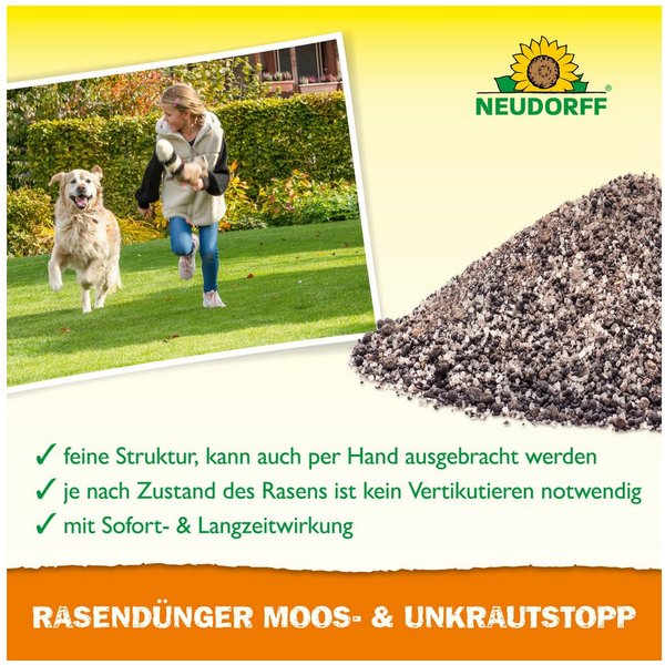 Neudorff Rasendünger RasenDünger Moos- & UnkrautStopp 2,5 kg, Feines Granulat für gleichmäßige Ausbringung, Organisch-mineralischer NPK-Dünger mit 2,3 % Eisen, 