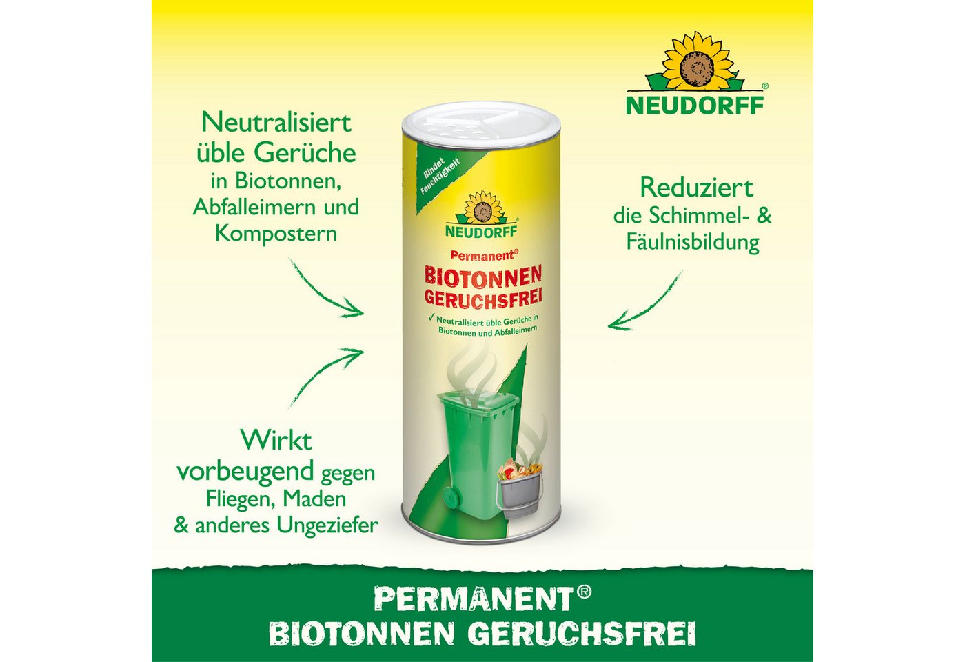 Neudorff Vergrämungsmittel Permanent BiotonnenGeruchsFrei 500 g für 670L Biomüll, Geruchsbindendes Streugranulat für organische Abfälle, Für ca. 670 Liter Biomü – Bild 2 von 5