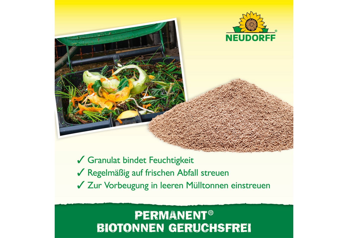 Neudorff Vergrämungsmittel Permanent BiotonnenGeruchsFrei 500 g für 670L Biomüll, Geruchsbindendes Streugranulat für organische Abfälle, Für ca. 670 Liter Biomü – Bild 4 von 5