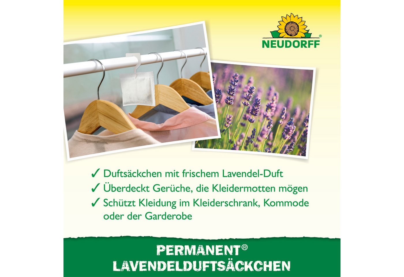 Neudorff Vergrämungsmittel Permanent Lavendelduftsäckchen - 3 Stück, Duftsäckchen zur Vertreibung von Kleidermotten, Für etwa 1 m³ Schrankinhalt je Säckchen, La – Bild 4 von 5
