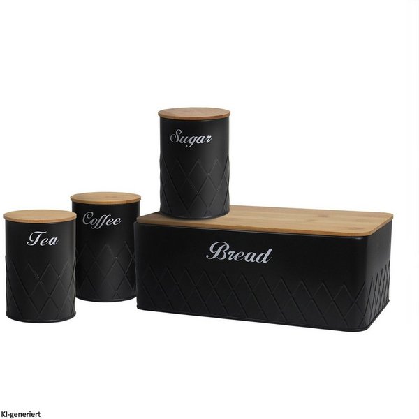 Neuetischkultur Brotkasten Brotkasten Vorratsdosen 4er-Set Schwarz, Eisen, (Set, 4-tlg., 1 Brotkasten, 3 Vorratsdosen), Metall Kaffeedose Teedose Zuckerdose