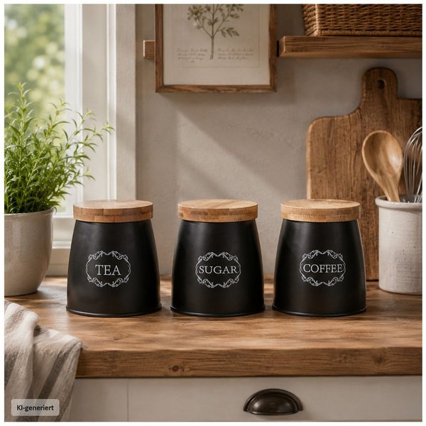 Neuetischkultur Vorratsdose Vorratsdosen 3er-Set mit Holzdeckel, Eisen, (Set, 3-tlg., 3 Vorratsdosen), Metall Kaffeedose Teedose Zuckerdose