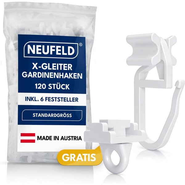 NEUFELD Gardinengleiter X-Gleiter 120 Stück inkl. 4 Feststeller, für 6mm Innenlaufschienen, (Set, 120 X-Gleiter inkl. 6 Feststeller), waschfest · leichtgängig ·