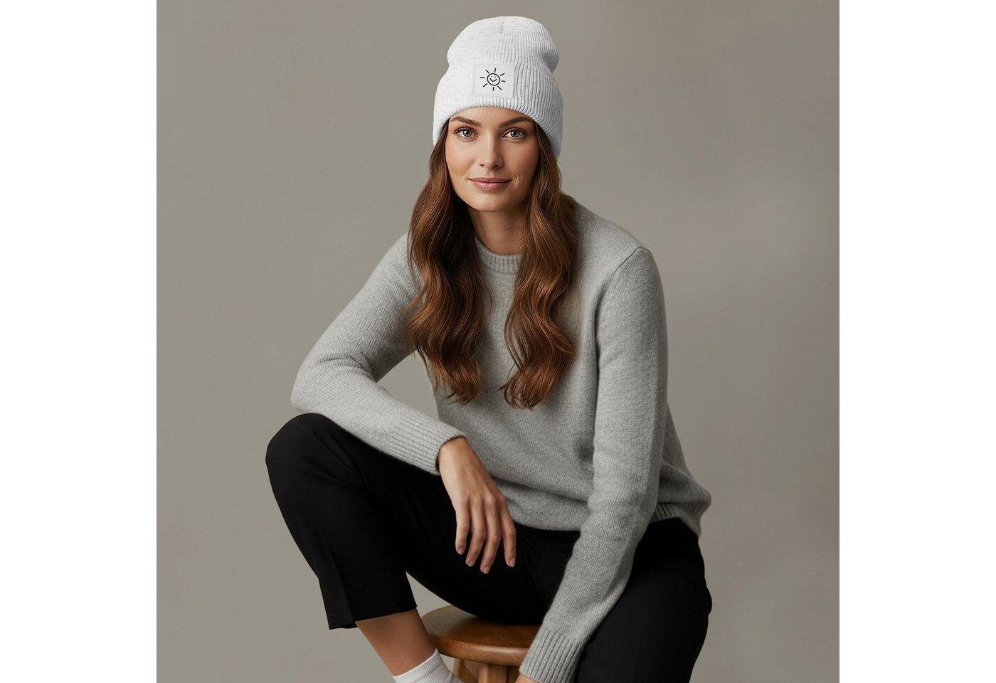 Neverless Strickmütze Beanie Patch Smile Sonne Aufdruck Positive Vibes Print Wintermütze – Bild 2 von 5