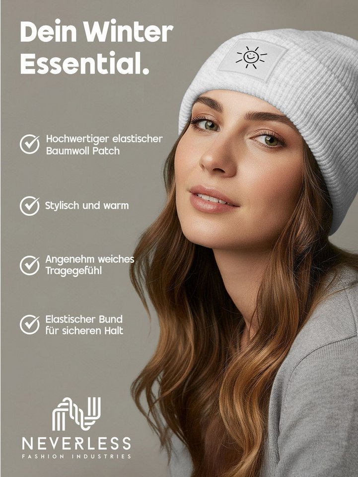 Neverless Strickmütze Beanie Patch Smile Sonne Aufdruck Positive Vibes Print Wintermütze – Bild 3 von 5