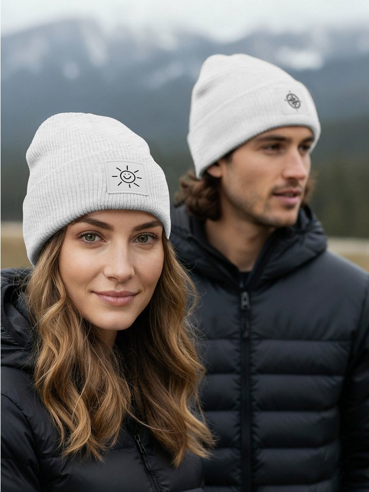Neverless Strickmütze Beanie Patch Smile Sonne Aufdruck Positive Vibes Print Wintermütze – Bild 4 von 5
