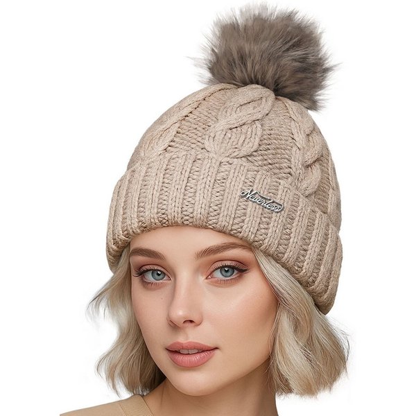Neverless Strickmütze Damen Strickmütze mit Fleecefutter und Kunstfell Bommel Zopfmuster