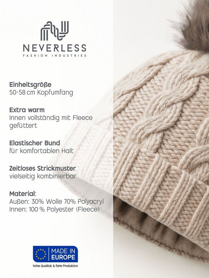 Neverless Strickmütze Damen Strickmütze mit Fleecefutter und Kunstfell Bommel Zopfmuster – Bild 3 von 5