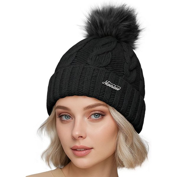 Neverless Strickmütze Damen Strickmütze mit Fleecefutter und Kunstfell Bommel Zopfmuster