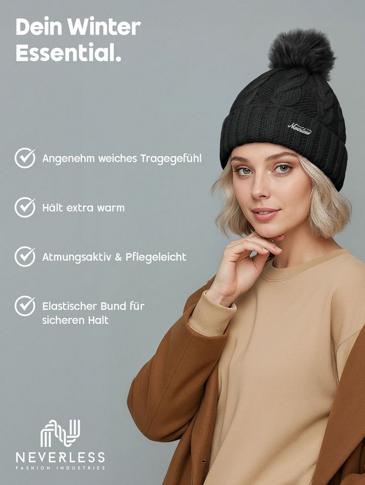 Neverless Strickmütze Damen Strickmütze mit Fleecefutter und Kunstfell Bommel Zopfmuster – Bild 2 von 5