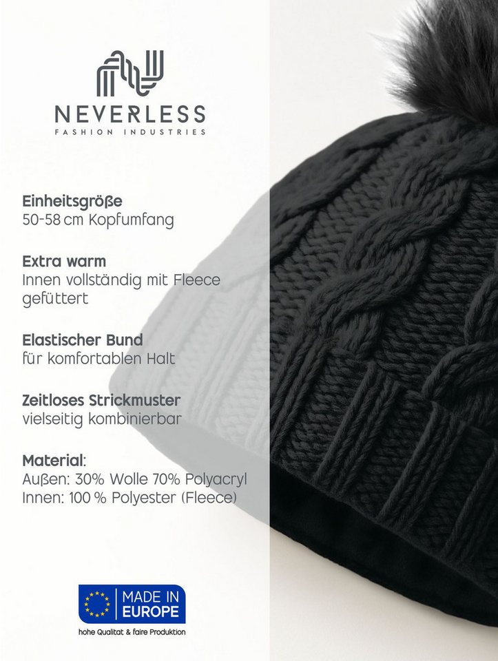 Neverless Strickmütze Damen Strickmütze mit Fleecefutter und Kunstfell Bommel Zopfmuster – Bild 3 von 5