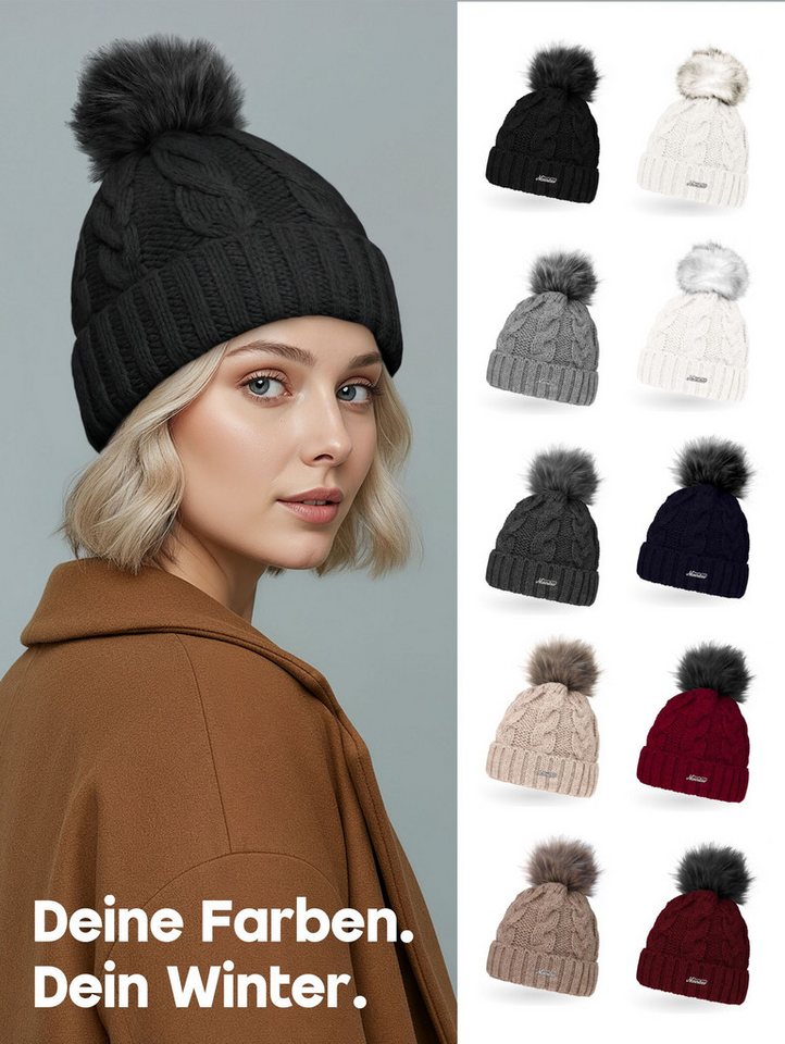 Neverless Strickmütze Damen Strickmütze mit Fleecefutter und Kunstfell Bommel Zopfmuster – Bild 4 von 5
