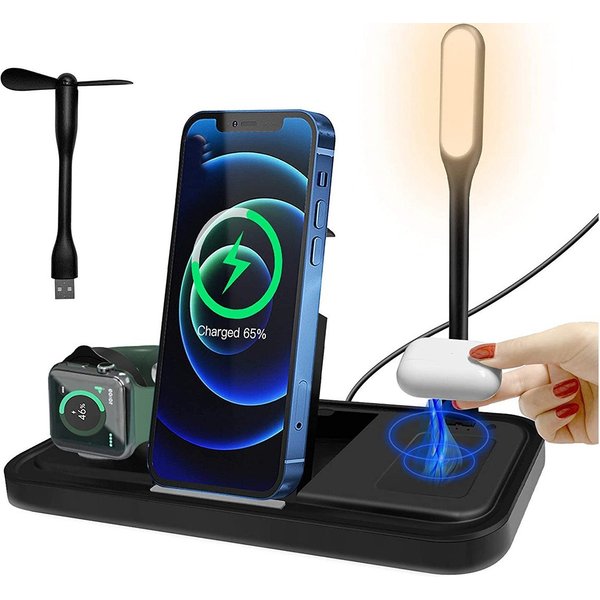 NEWQI Faltbare 3-in-1 Wireless Charging Station mit LED-Lampe und Ventilator Wireless Charger (2000,00 mA, Kompaktes 3-in-1 Set: Wireless Charger, USB-C Kabel, 