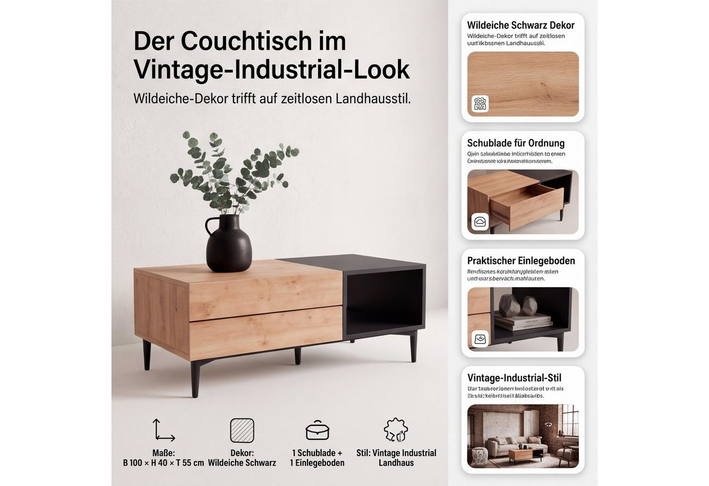 Newroom Couchtisch Wildeiche 100 cm, Wildeiche Wohnzimmertisch Vintage Indurstrial Landhausstil Sofatisch – Bild 3 von 5