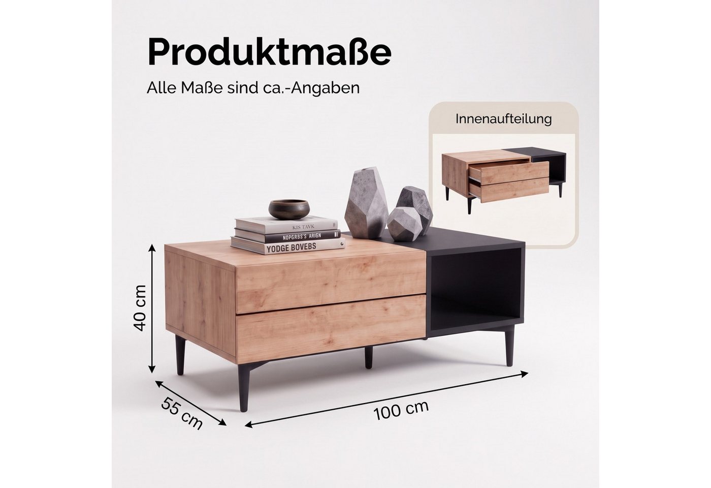 Newroom Couchtisch Wildeiche 100 cm, Wildeiche Wohnzimmertisch Vintage Indurstrial Landhausstil Sofatisch – Bild 4 von 5