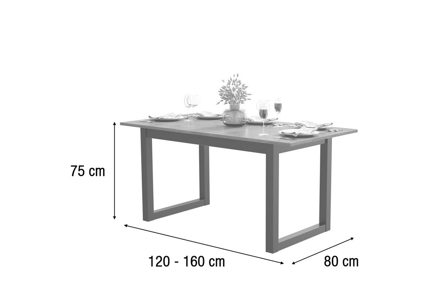 Newroom Esstisch Wildeiche 120 cm, ausziehbar 120-160 cm Anthrazit Wildeiche Vintage – Bild 4 von 5