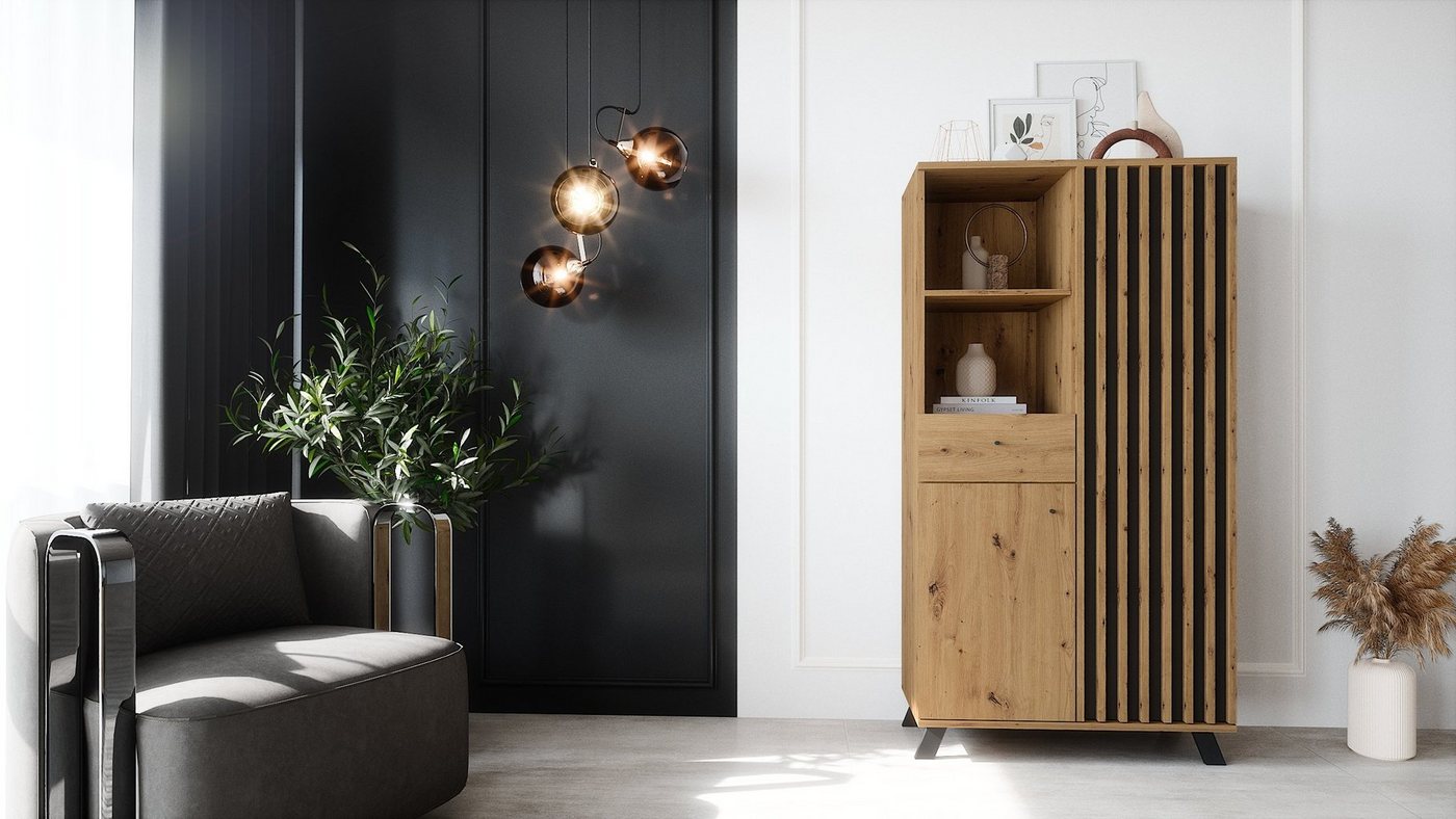 Newroom Highboard Wildeiche 80 cm, Wildeiche Highboard Modern Wandpaneel Vintage Sideboard Anrichte Wo... – Bild 4 von 5