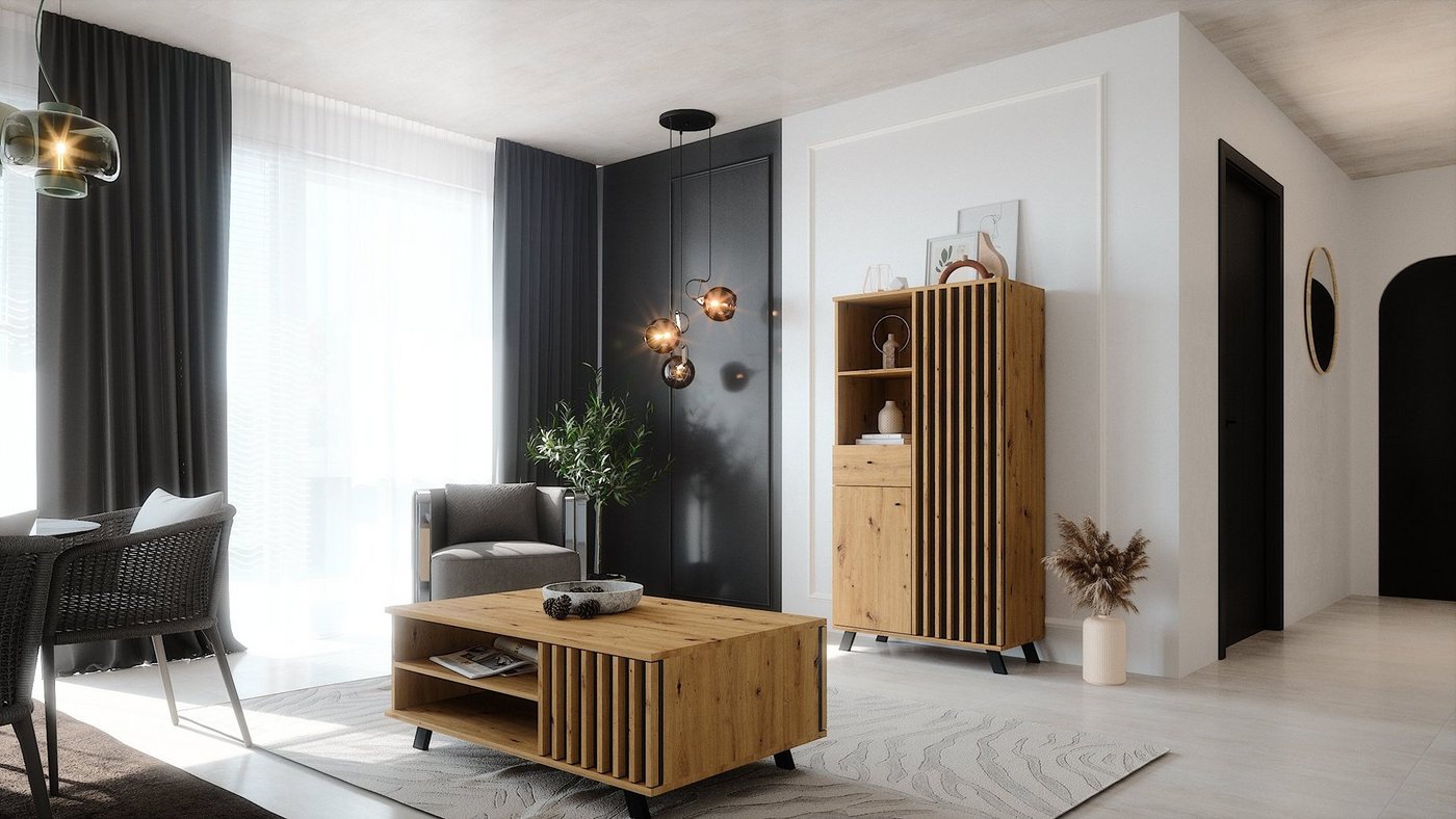 Newroom Highboard Wildeiche 80 cm, Wildeiche Highboard Modern Wandpaneel Vintage Sideboard Anrichte Wo... – Bild 5 von 5