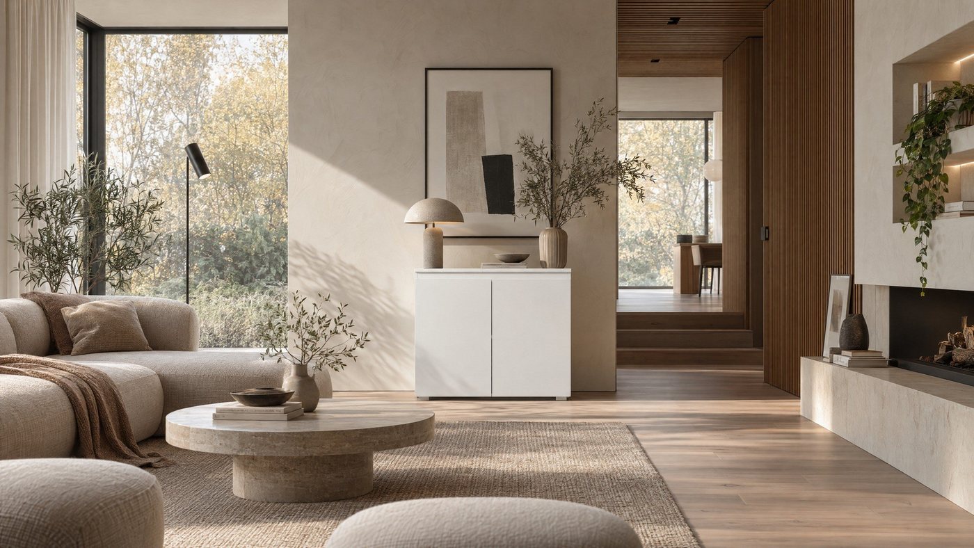 Newroom Kommode weiß 80 cm, Sideboard Weiß Modern Landhaus Skandinavisches Design Wohnzimmer – Bild 2 von 5
