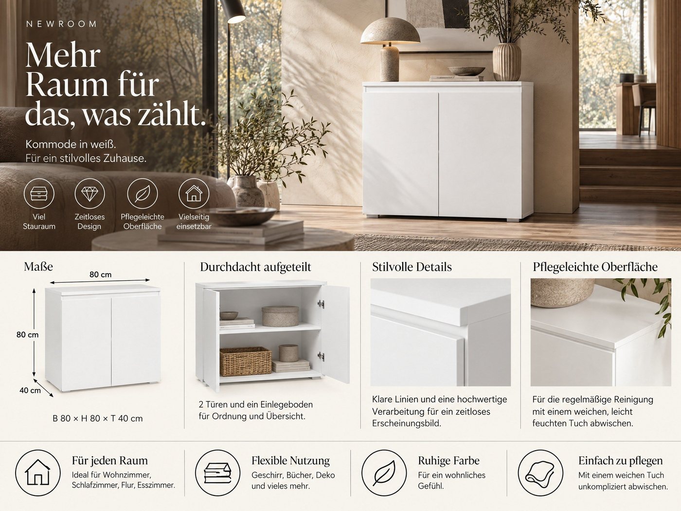 Newroom Kommode weiß 80 cm, Sideboard Weiß Modern Landhaus Skandinavisches Design Wohnzimmer – Bild 4 von 5