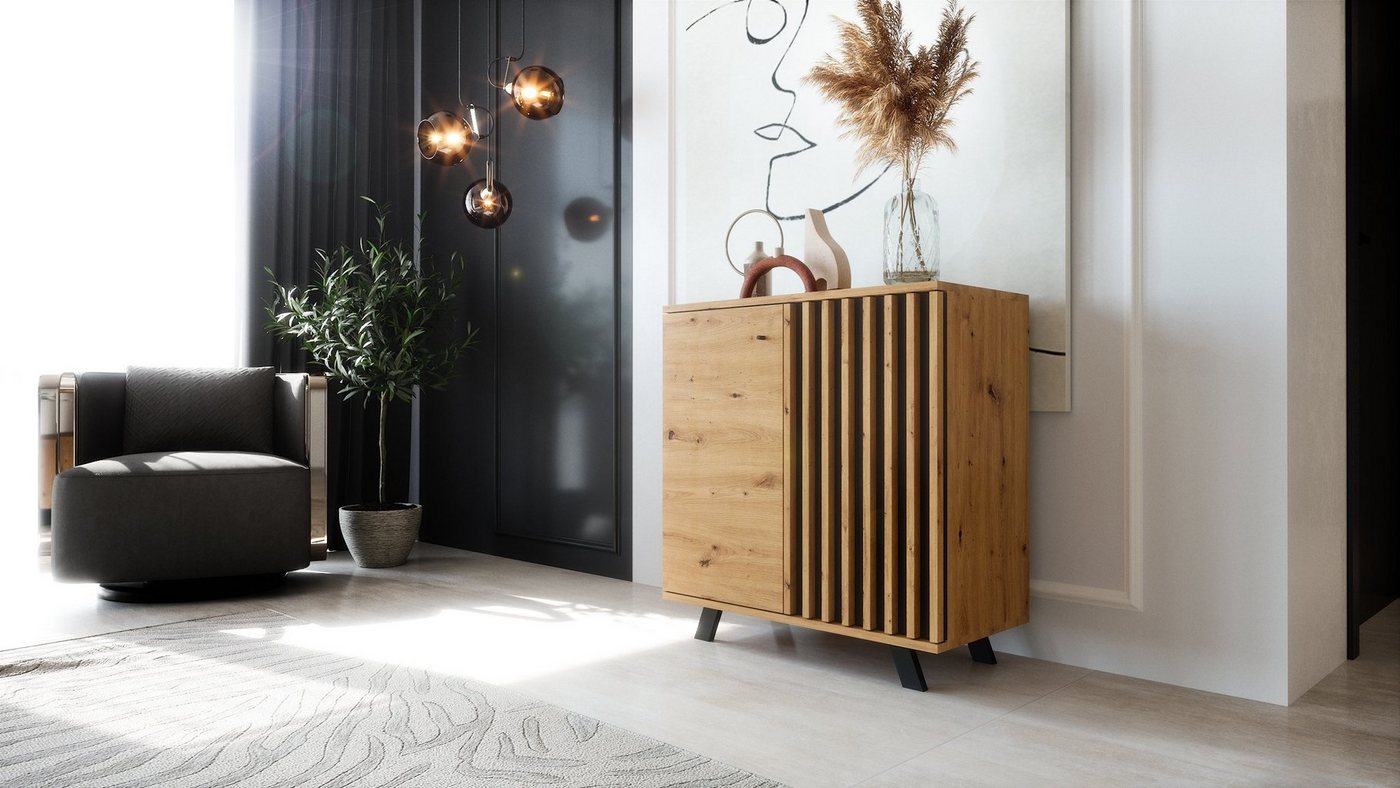 Newroom Kommode Wildeiche 80 cm, Wildeiche Sideboard Modern Wandpaneel Vintage Highboard Anrichte – Bild 2 von 5