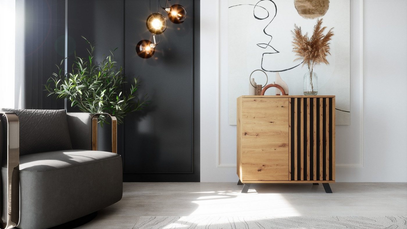 Newroom Kommode Wildeiche 80 cm, Wildeiche Sideboard Modern Wandpaneel Vintage Highboard Anrichte – Bild 4 von 5