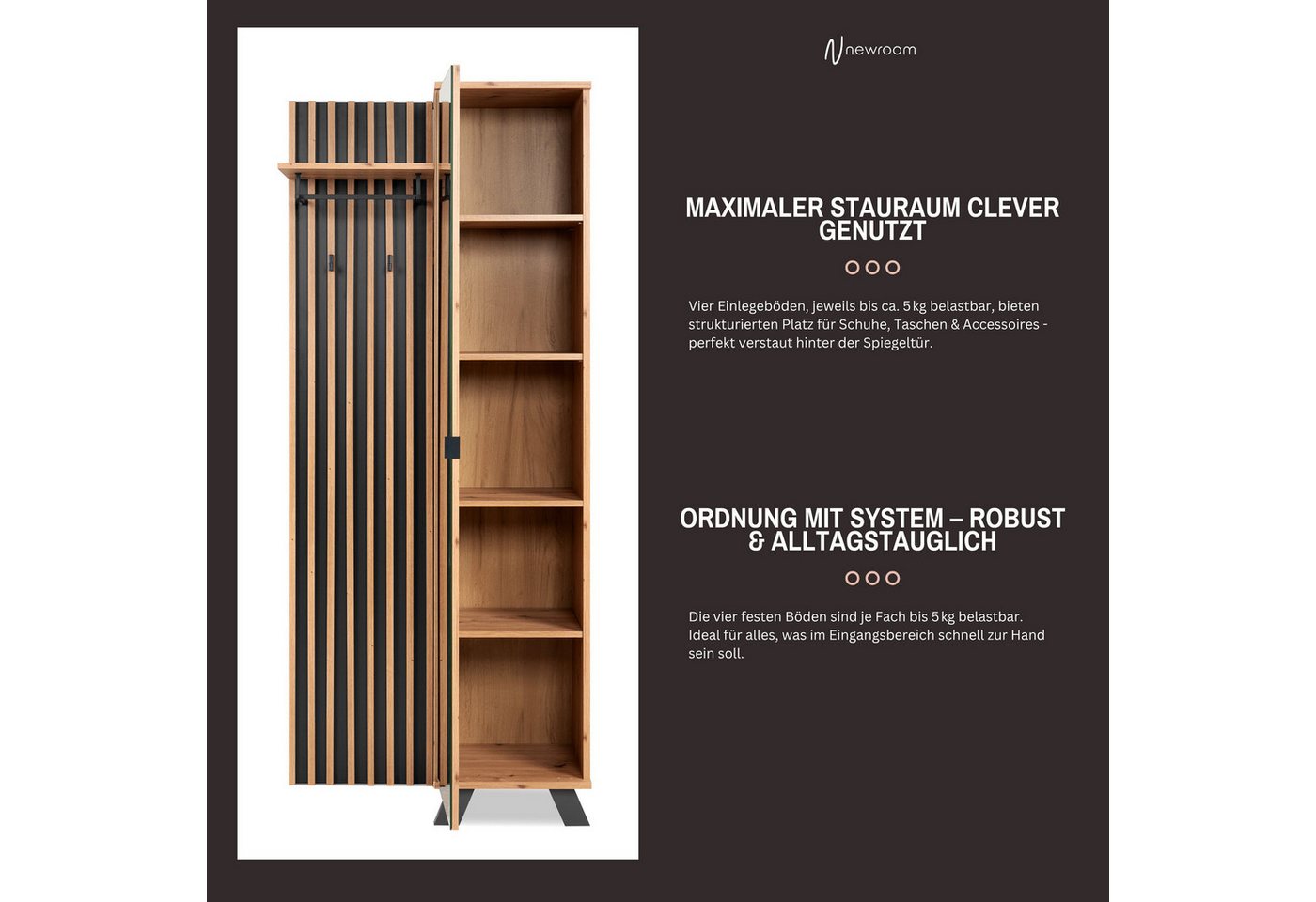 Newroom Kompaktgarderobe Wildeiche 80 cm Wildeiche Garderobe Schuhregal Flurgarderobe Modern Vintage Gardero... – Bild 5 von 5