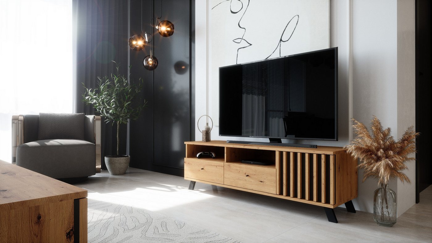 Newroom Lowboard Wildeiche 138 cm, TV Board Wandpaneel Wildeiche Anthrazit Modern TV Schrank – Bild 2 von 5
