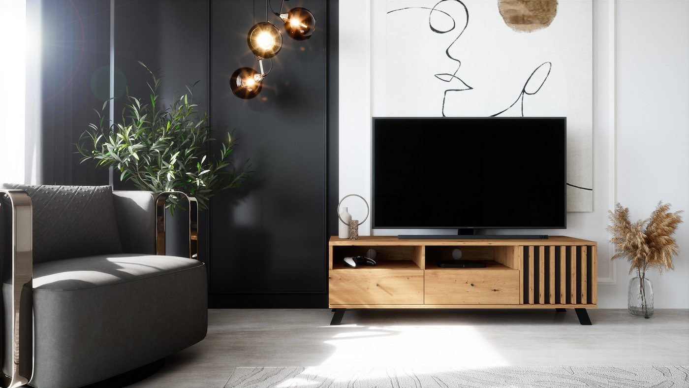Newroom Lowboard Wildeiche 138 cm, TV Board Wandpaneel Wildeiche Anthrazit Modern TV Schrank – Bild 4 von 5