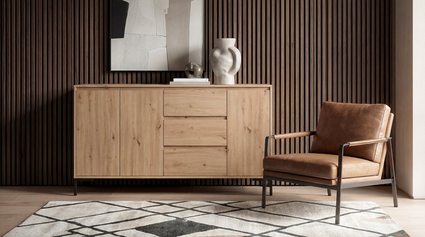 Newroom Sideboard Artisan Eiche 170 cm, Wildeiche Sideboard Vintage Industrial Highboard Anrichte Wohnzimmer – Bild 3 von 5