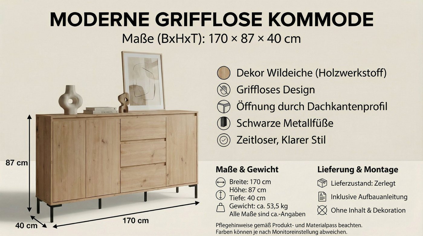 Newroom Sideboard Artisan Eiche 170 cm, Wildeiche Sideboard Vintage Industrial Highboard Anrichte Wohnzimmer – Bild 5 von 5