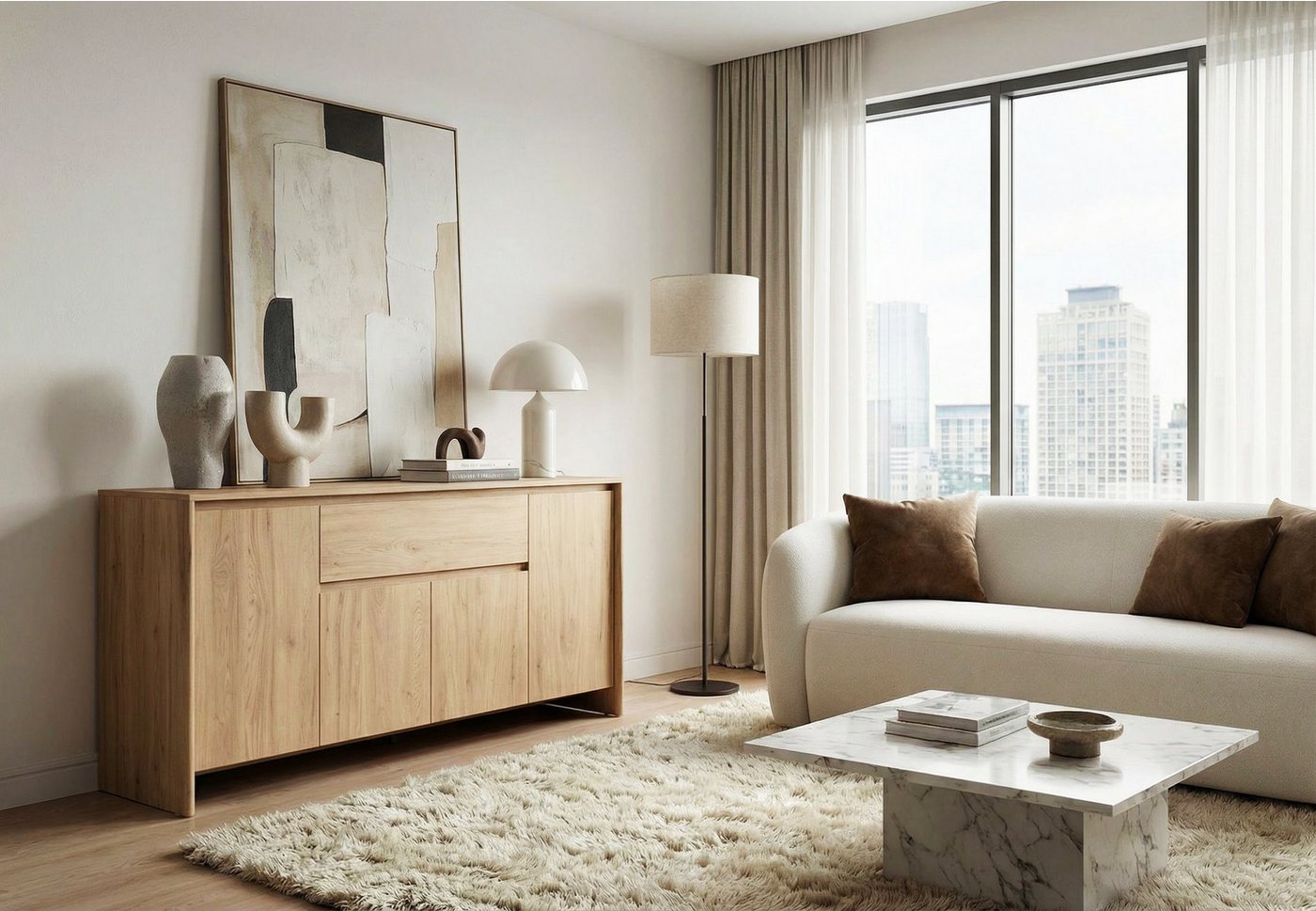 Newroom Sideboard Eiche braun 164 cm, Sideboard Eiche Braun Holzoptik Modern Grifflos Kommode Anrichte Wo... – Bild 4 von 5