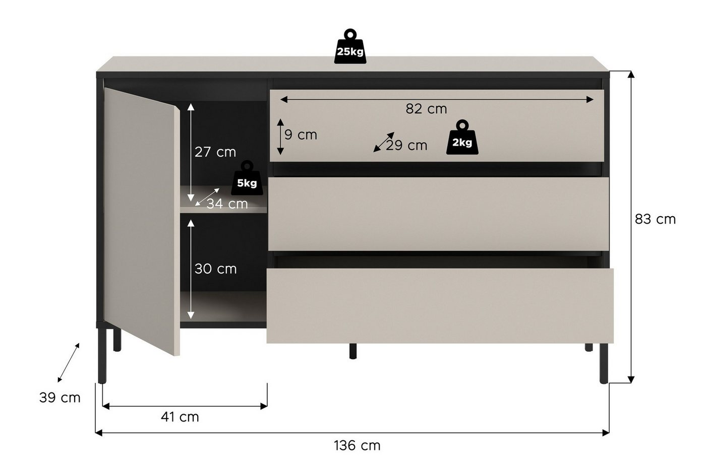 Newroom Sideboard Kaschmir 136 cm, Kommode Kaschmir Elegant Sideboard Highboard Wohnzimmer Anrichte Sc... – Bild 3 von 5