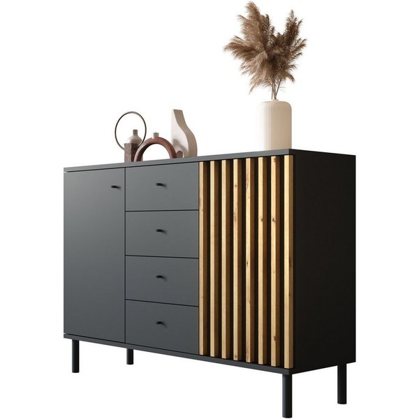 Newroom Sideboard Schwarz 118 cm, Schwarz Sideboard Modern Wandpaneel Vintage Highboard Anrichte