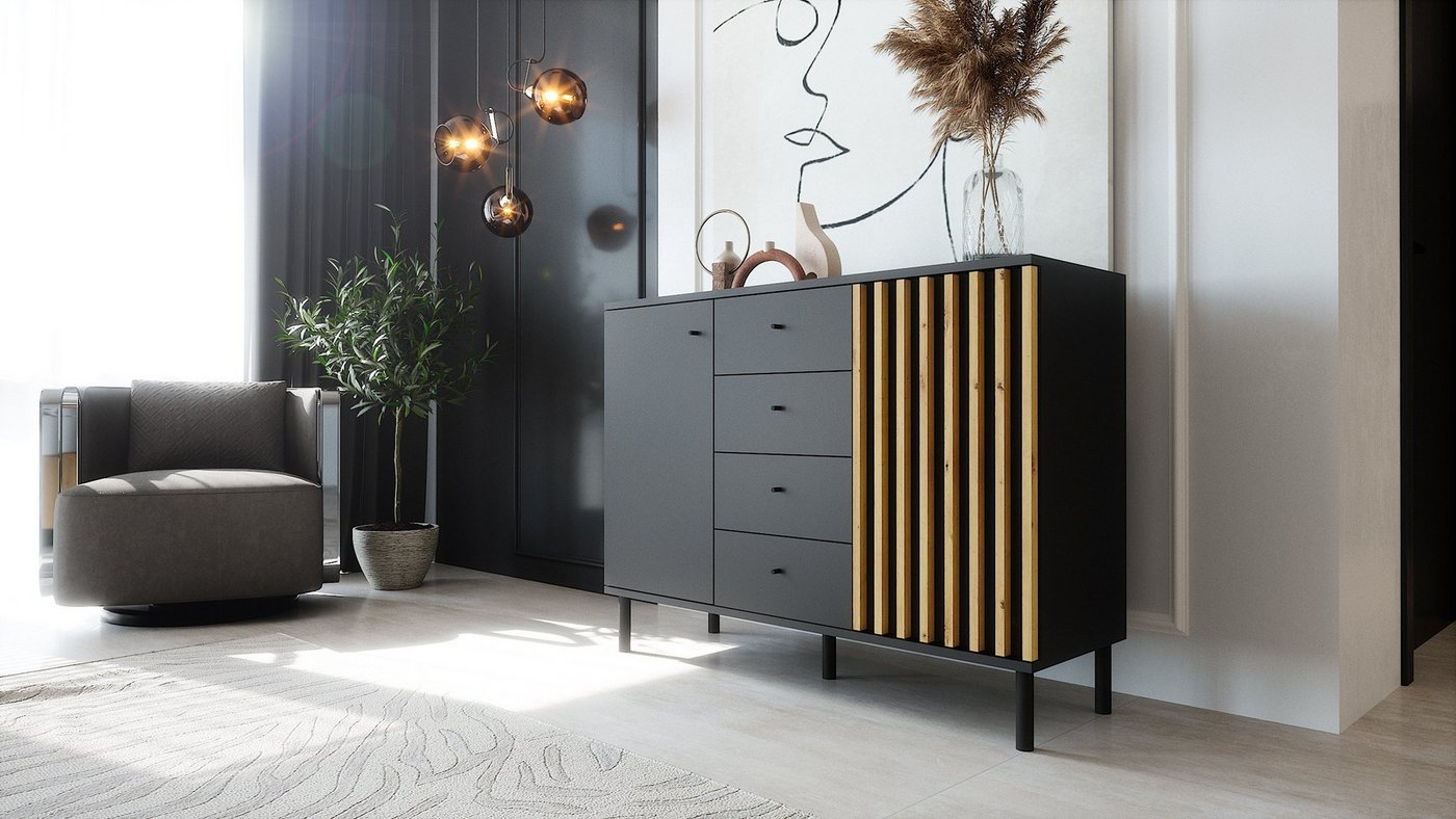 Newroom Sideboard Schwarz 118 cm, Schwarz Sideboard Modern Wandpaneel Vintage Highboard Anrichte – Bild 2 von 5