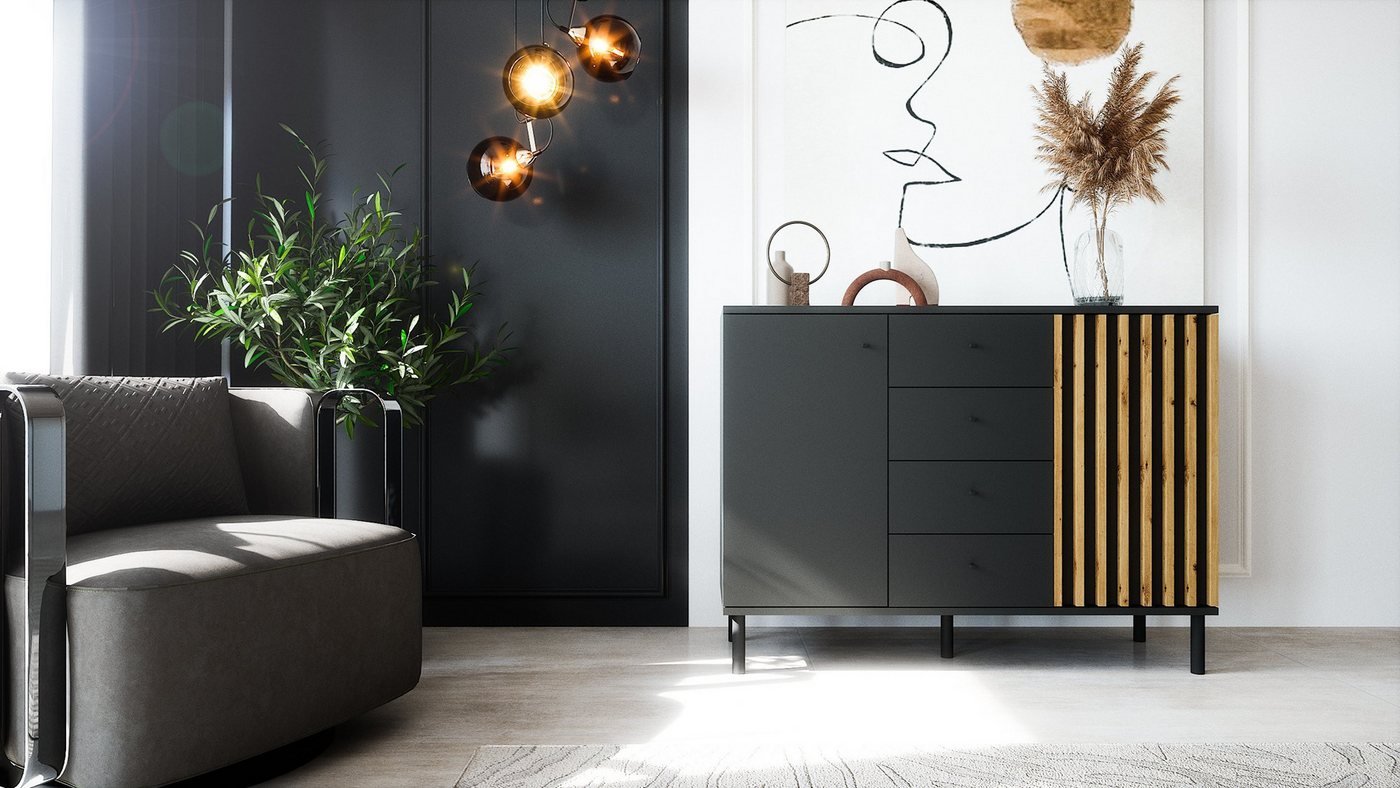 Newroom Sideboard Schwarz 118 cm, Schwarz Sideboard Modern Wandpaneel Vintage Highboard Anrichte – Bild 4 von 5