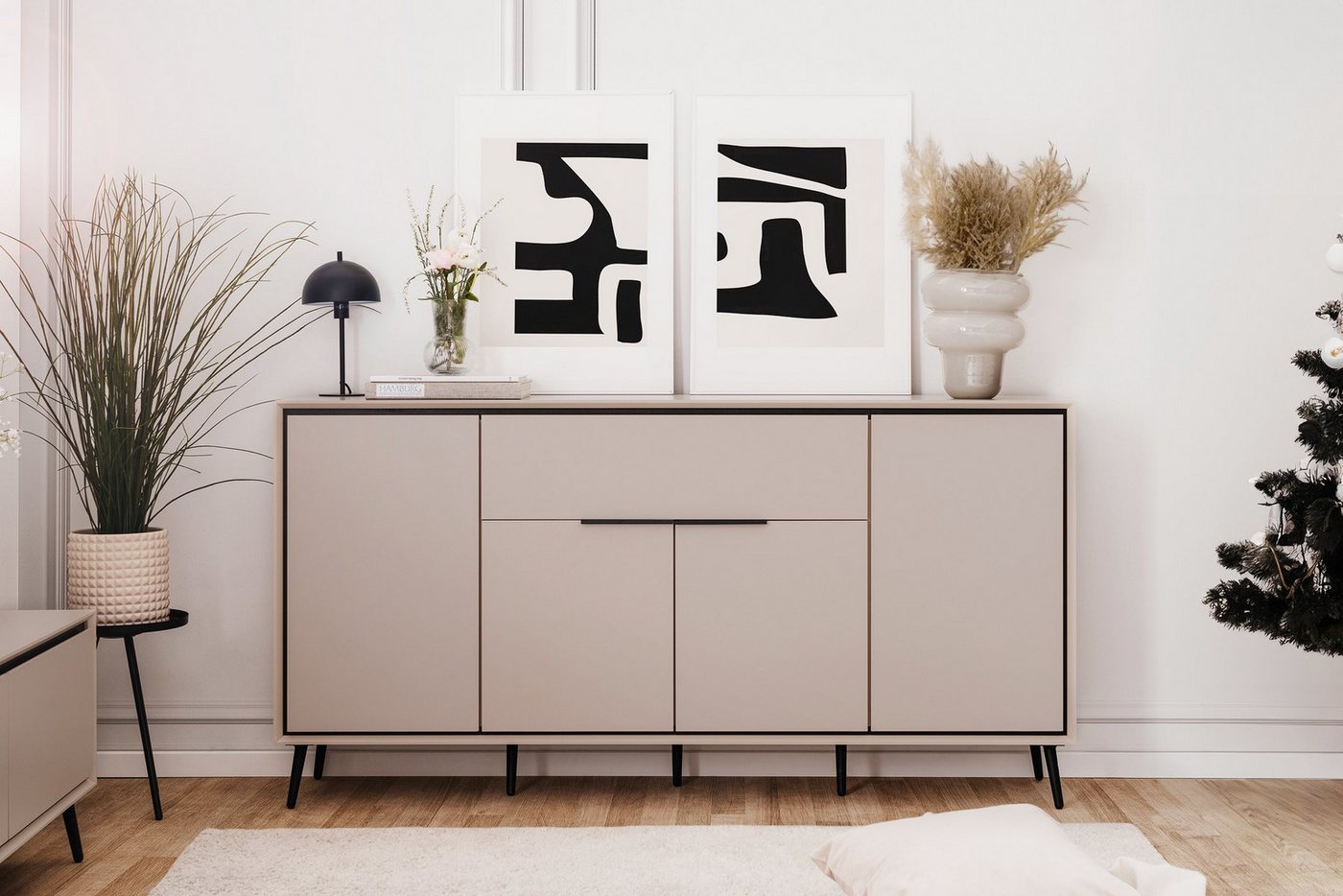 Newroom Sideboard Schwarz 175 cm, Kommode Schrank mit Türen Aufbewahrungsschrank für Wohnzimmer Flu... – Bild 2 von 5