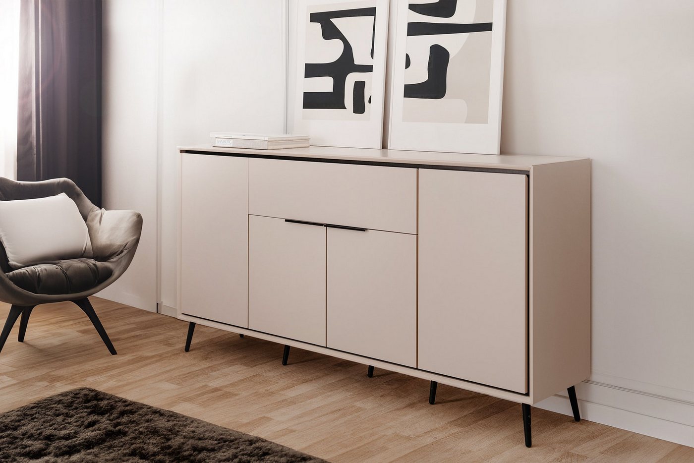 Newroom Sideboard Schwarz 175 cm, Kommode Schrank mit Türen Aufbewahrungsschrank für Wohnzimmer Flu... – Bild 3 von 5