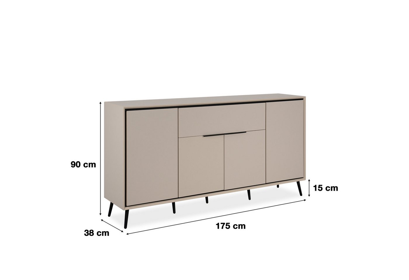 Newroom Sideboard Schwarz 175 cm, Kommode Schrank mit Türen Aufbewahrungsschrank für Wohnzimmer Flu... – Bild 4 von 5