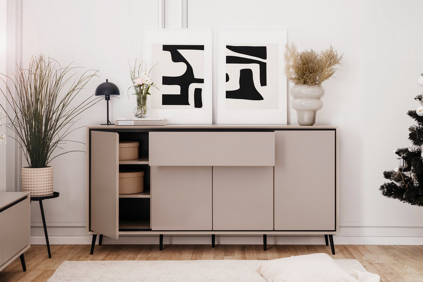 Newroom Sideboard Schwarz 175 cm, Kommode Schrank mit Türen Aufbewahrungsschrank für Wohnzimmer Flu... – Bild 5 von 5