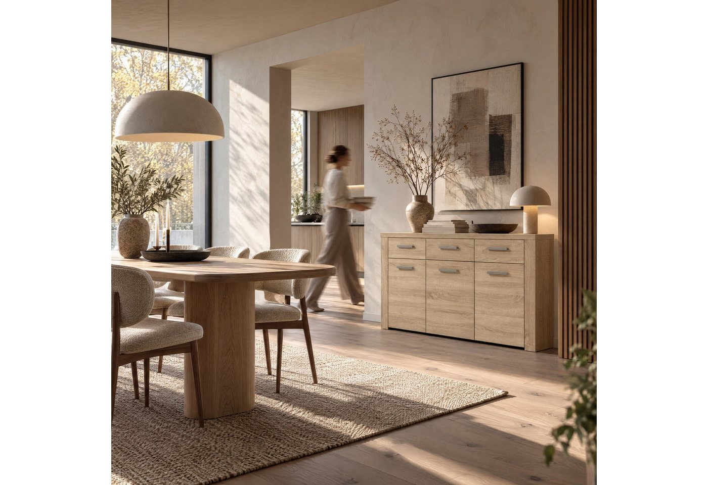 Newroom Sideboard Sonoma Eiche 136 cm, Sideboard Sonoma Eiche Modern Kommode Highboard Wohnzimmer – Bild 3 von 5