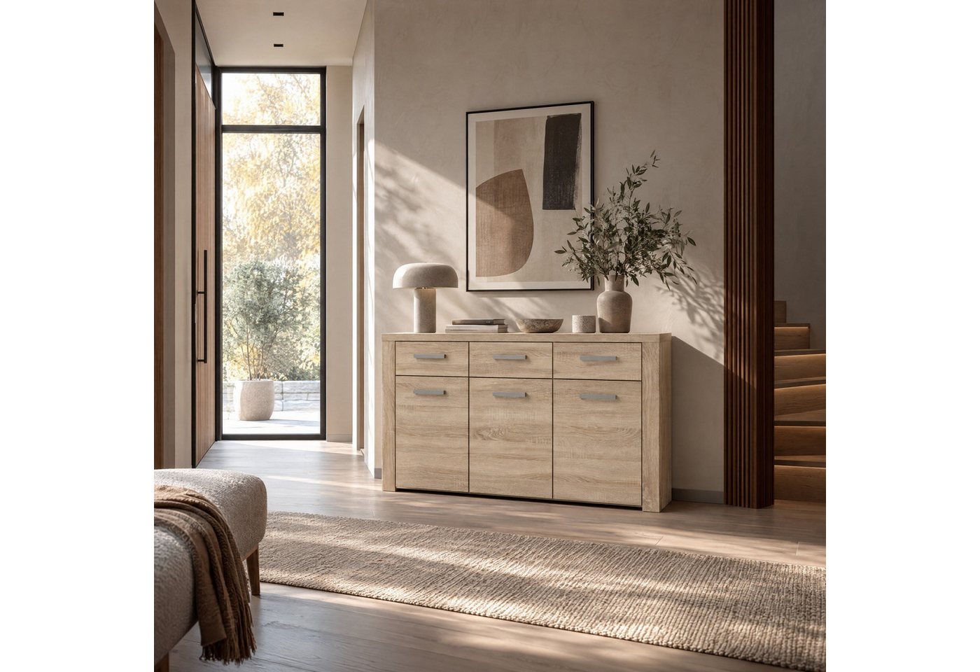 Newroom Sideboard Sonoma Eiche 136 cm, Sideboard Sonoma Eiche Modern Kommode Highboard Wohnzimmer – Bild 5 von 5