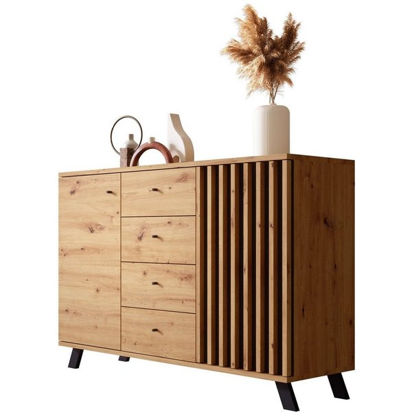 Newroom Sideboard Wildeiche 118 cm, Wildeiche Sideboard Modern Wandpaneel Vintage Highboard Anrichte