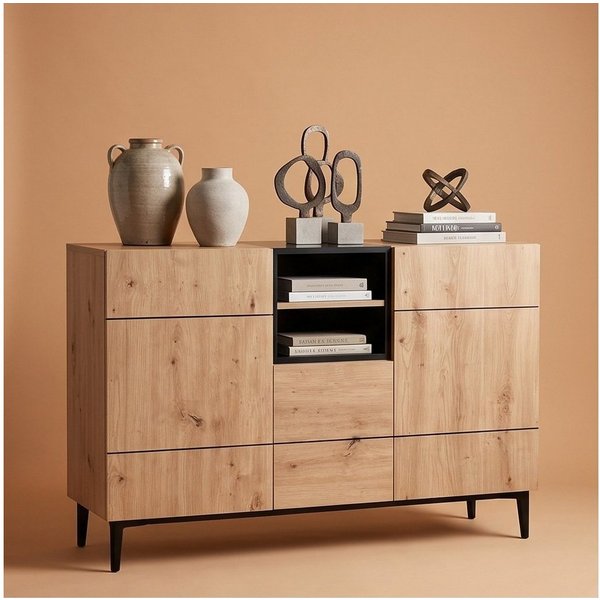 Newroom Sideboard Wildeiche 120 cm, Wildeiche Sideboard Vintage Industrial Highboard Anrichte Wohnzimmer