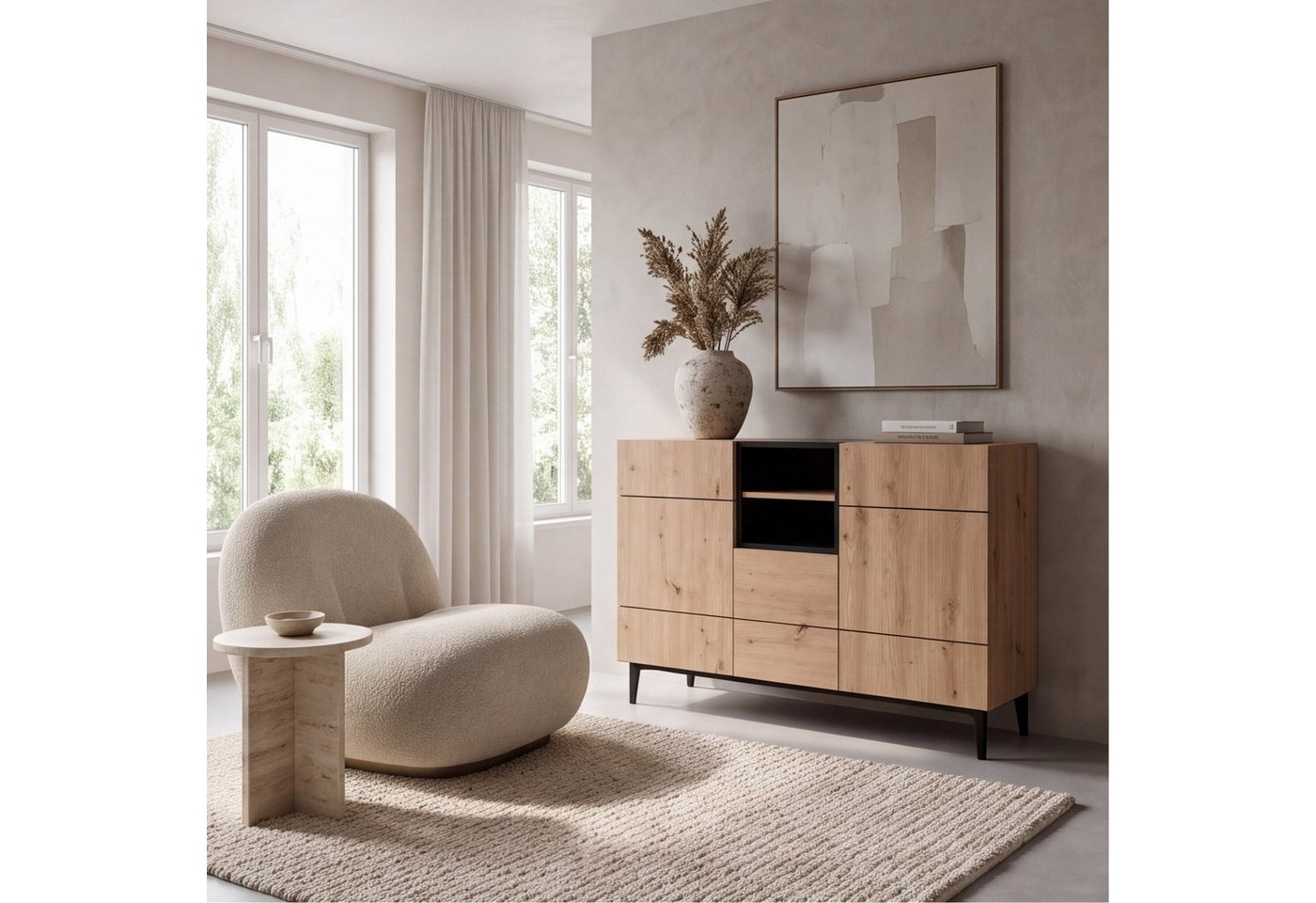 Newroom Sideboard Wildeiche 120 cm, Wildeiche Sideboard Vintage Industrial Highboard Anrichte Wohnzimmer – Bild 2 von 5