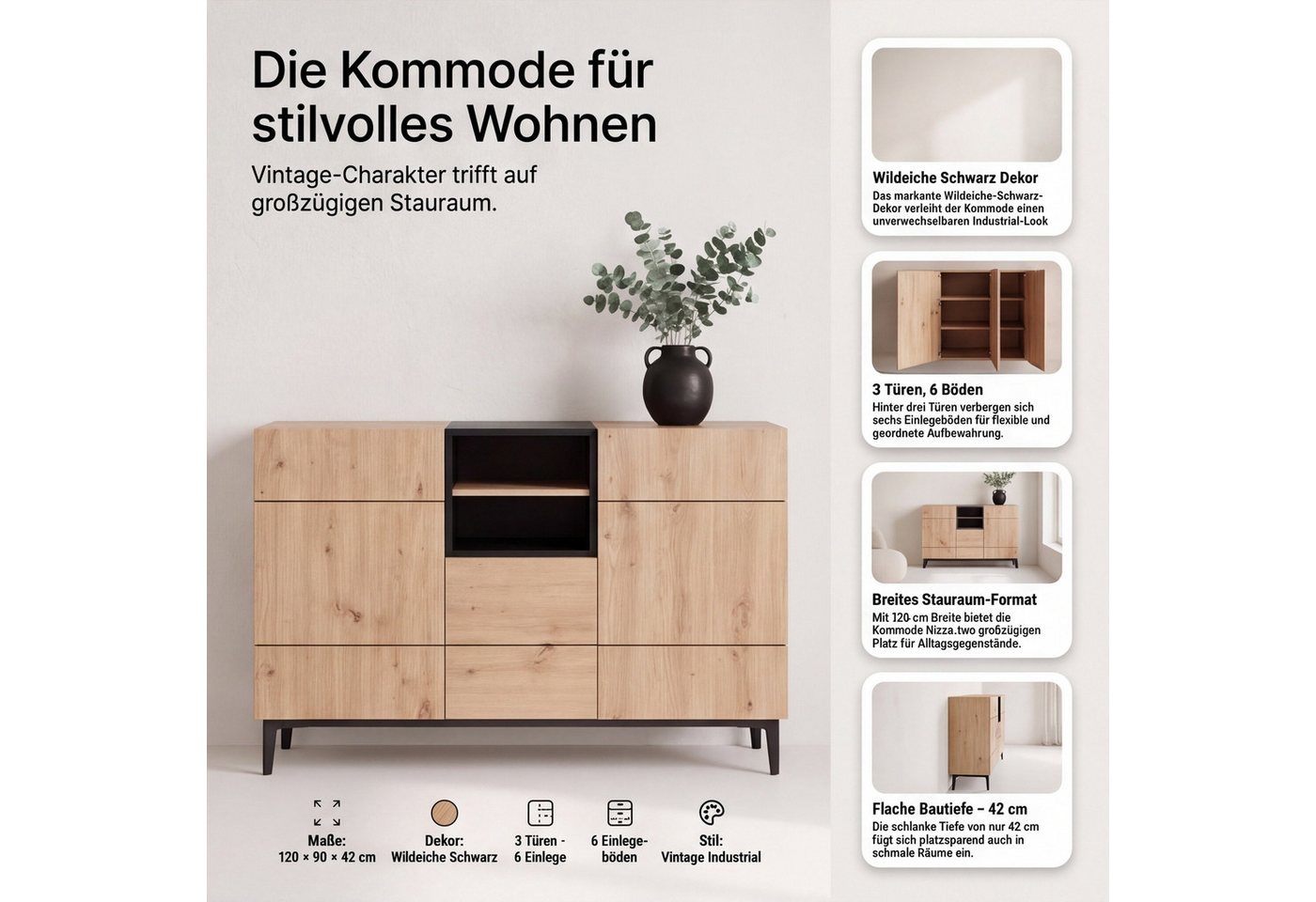 Newroom Sideboard Wildeiche 120 cm, Wildeiche Sideboard Vintage Industrial Highboard Anrichte Wohnzimmer – Bild 3 von 5