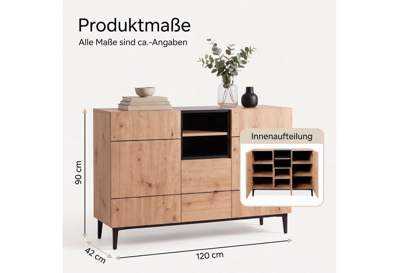 Newroom Sideboard Wildeiche 120 cm, Wildeiche Sideboard Vintage Industrial Highboard Anrichte Wohnzimmer – Bild 4 von 5