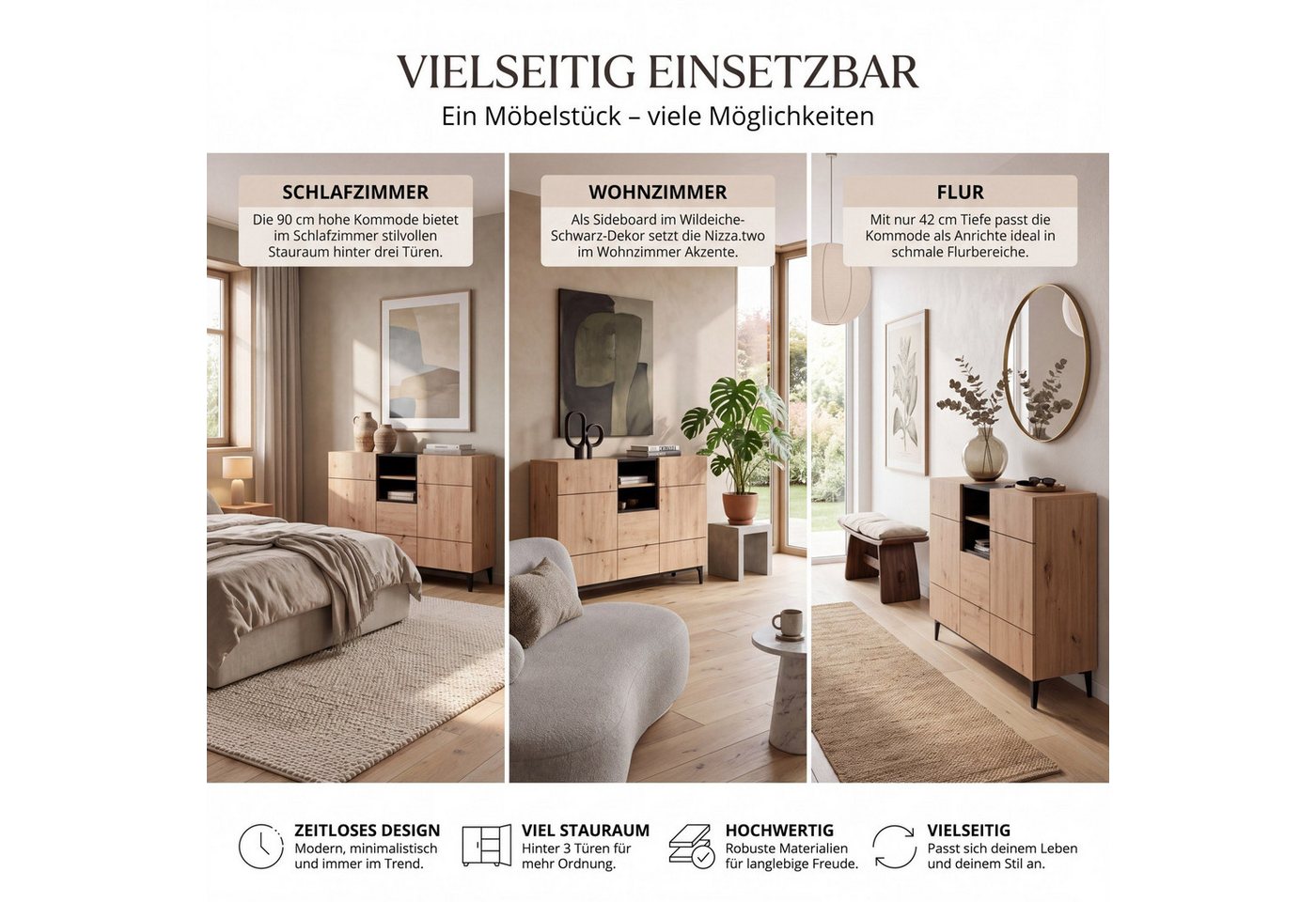 Newroom Sideboard Wildeiche 120 cm, Wildeiche Sideboard Vintage Industrial Highboard Anrichte Wohnzimmer – Bild 5 von 5
